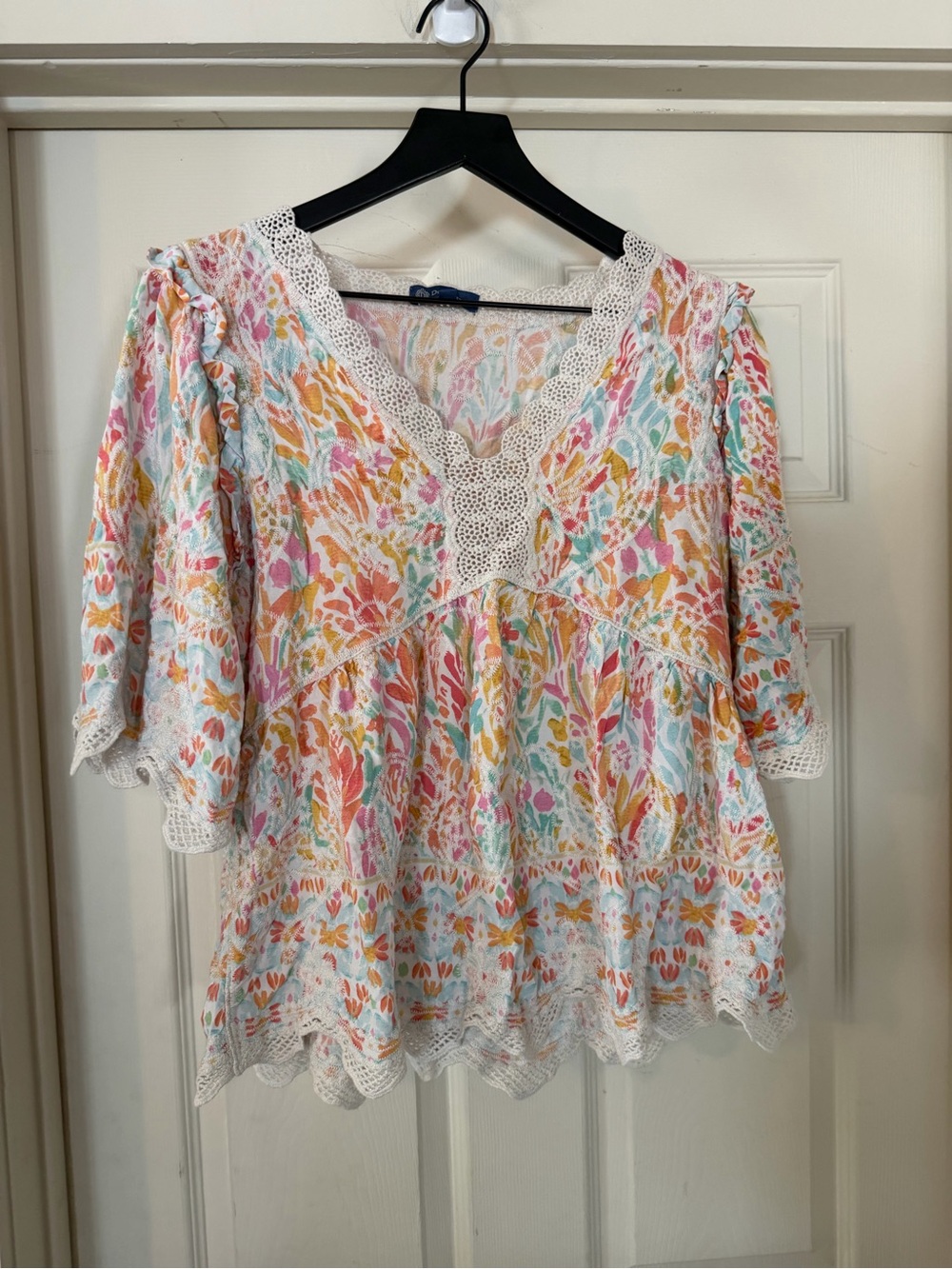 Democracy Floral Lace-Trim Peasant Blouse - Multi color Boho Flowy - Picture 2 of 9